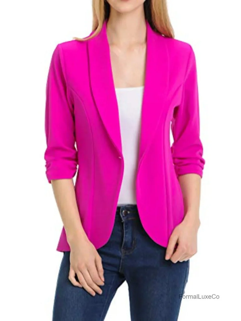 3/4 Ruched Sleeve Lightweight Blazer Jacket for Work Office